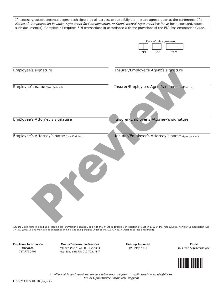 page 1 Informal Conference Agreement Form for Workers' Compensation preview