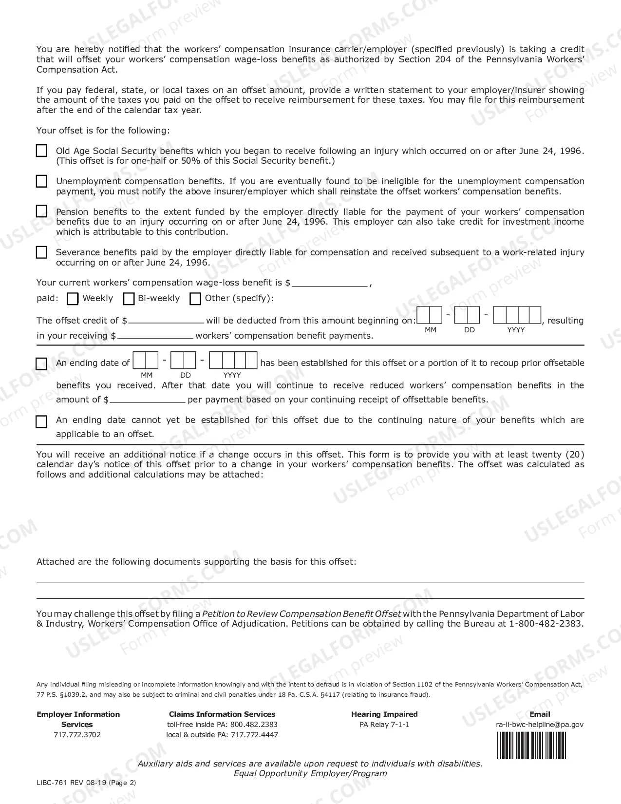 Preview Notice of Workers' Compensation Benefit Offset for Workers' Compensation