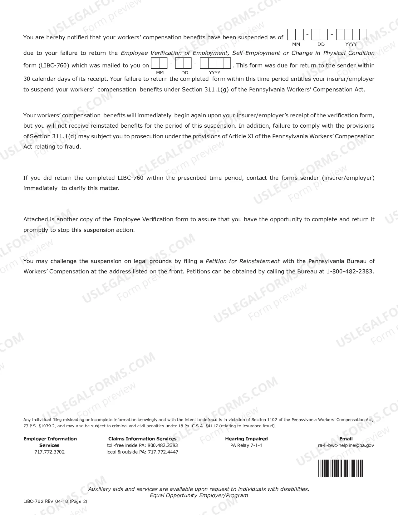 Preview Notice of Suspension for Failure to Return Form LIBC-760 for Workers' Compensation