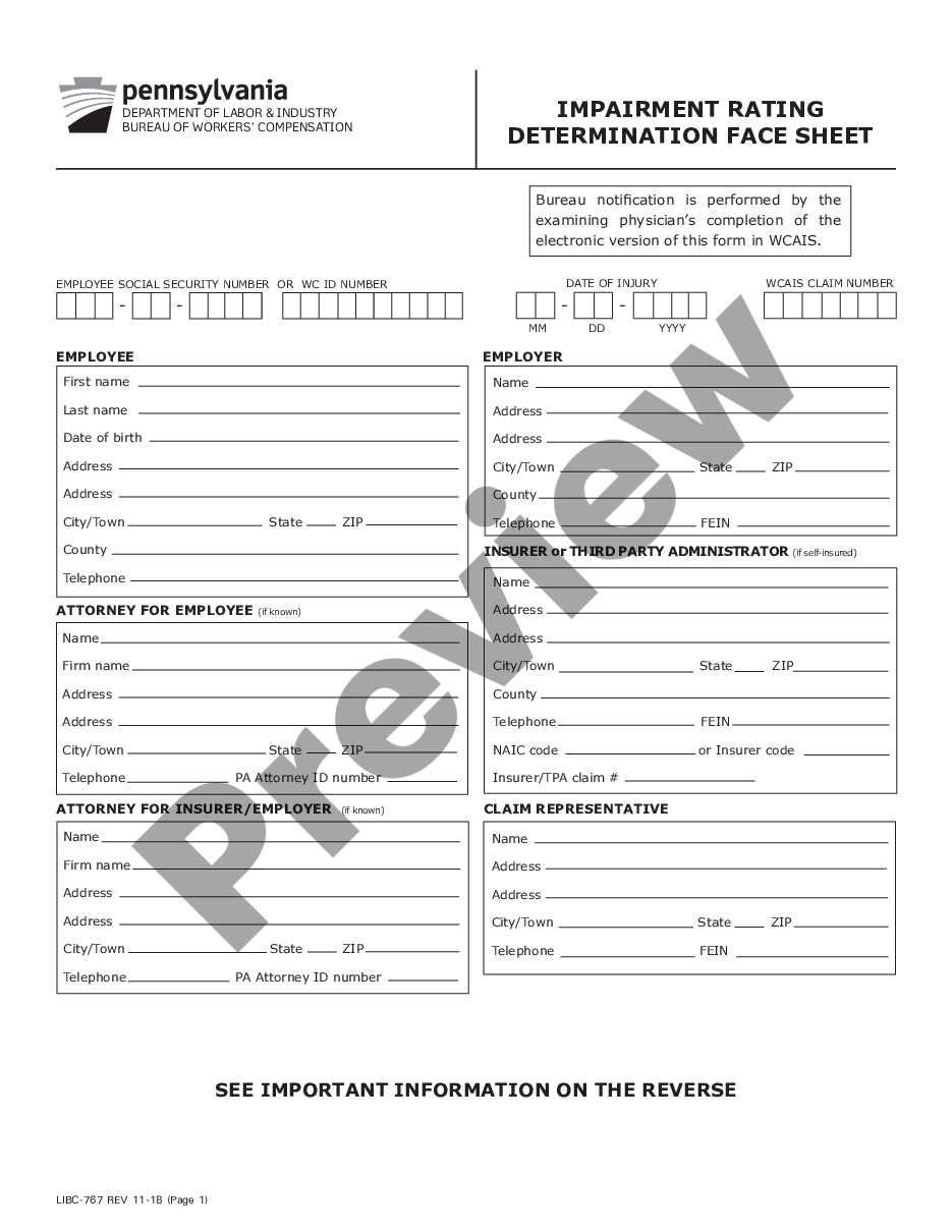 page 0 Impairment Rating Determination Face Sheet - Workers' Compensation preview