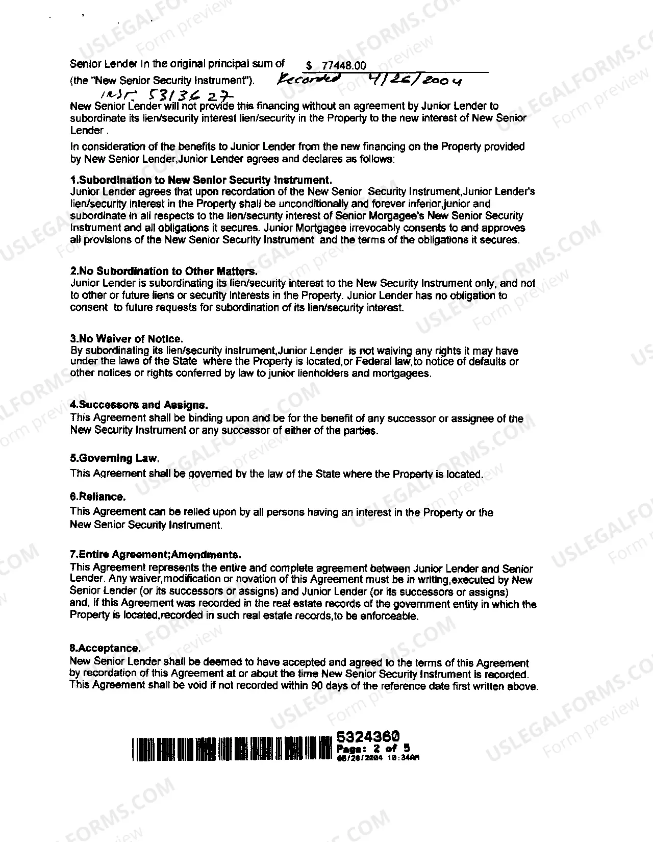 Preview Subordination Agreement by Junior Lender to New Senior Security Instrument