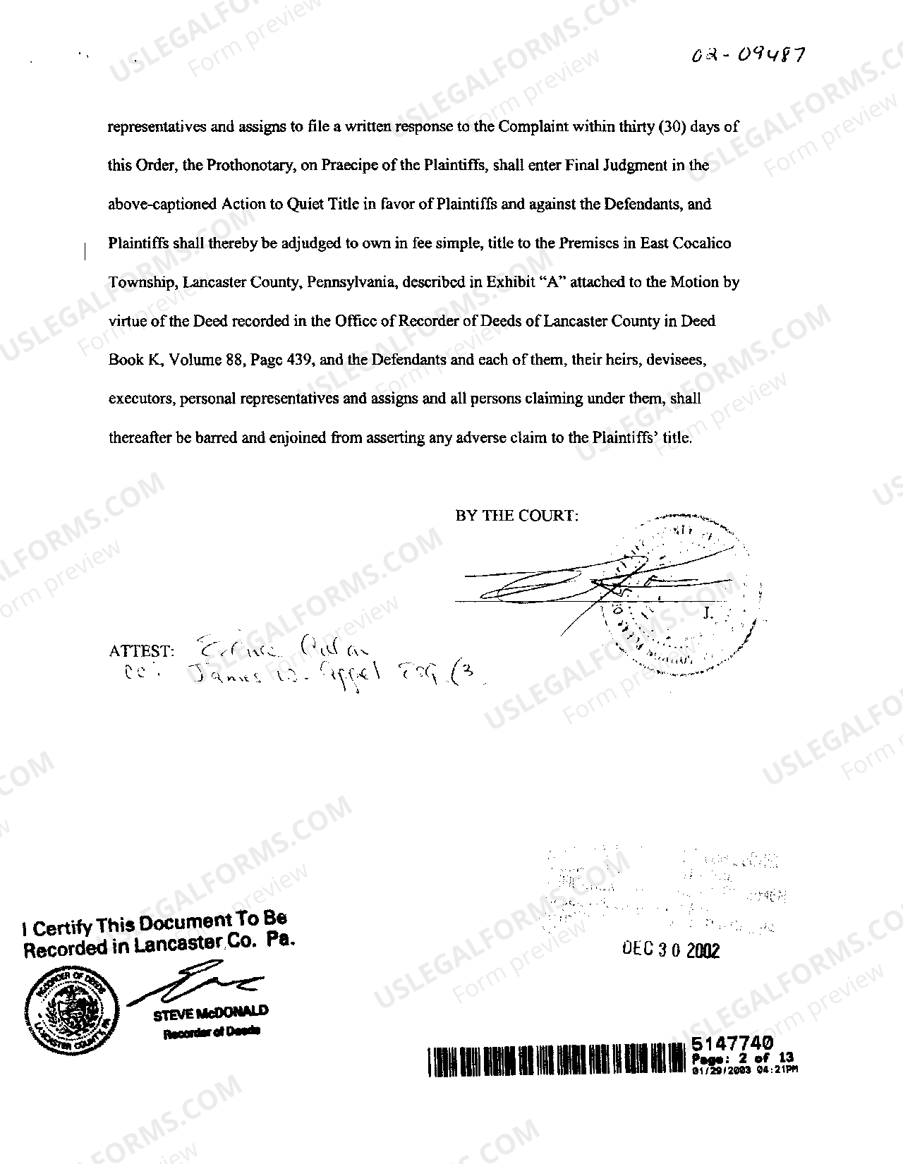 Pennsylvania Order on Action to Quiet Title Quiet Title Action Pa