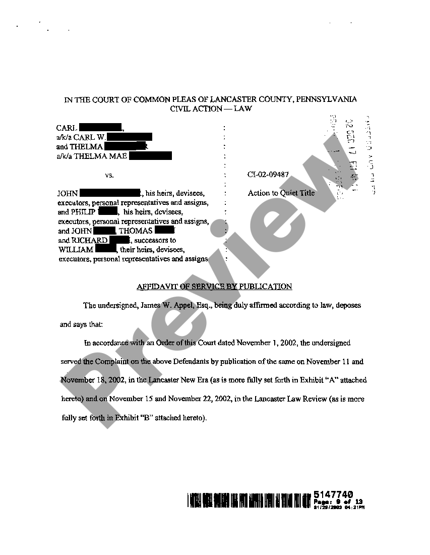 Pittsburgh Pennsylvania Order on Action to Quiet Title US Legal Forms