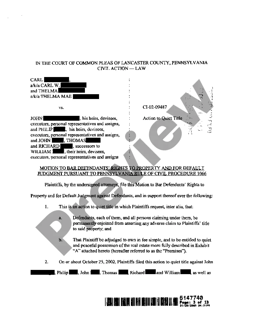 Preview Order on Action to Quiet Title