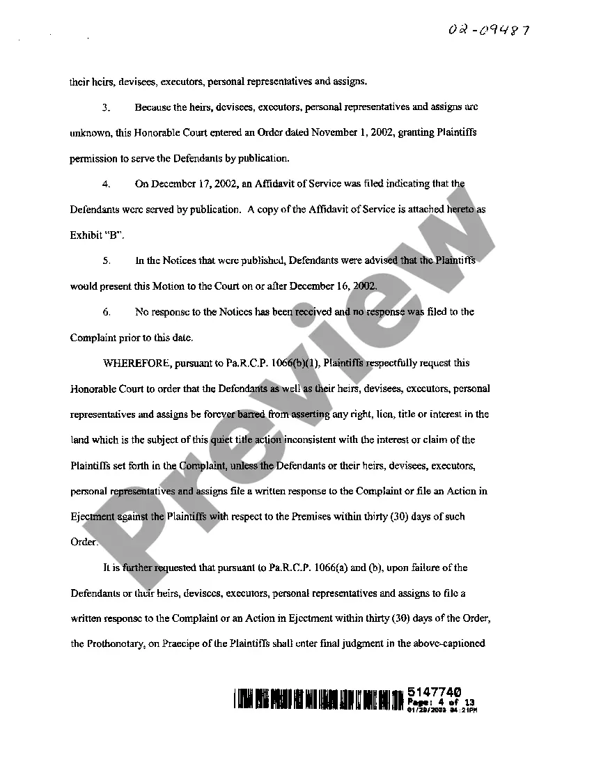 Preview Order on Action to Quiet Title