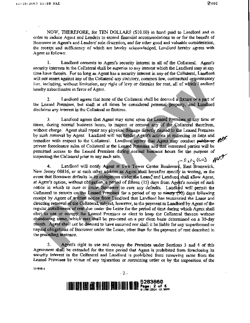 Preview Landlord Agreement for Security Interest in Collateral for Loan