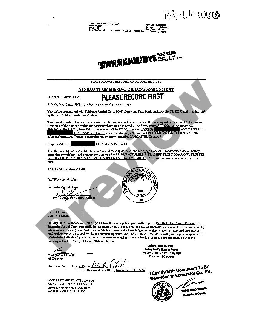 Preview Affidavit of Missing or Lost Assignment