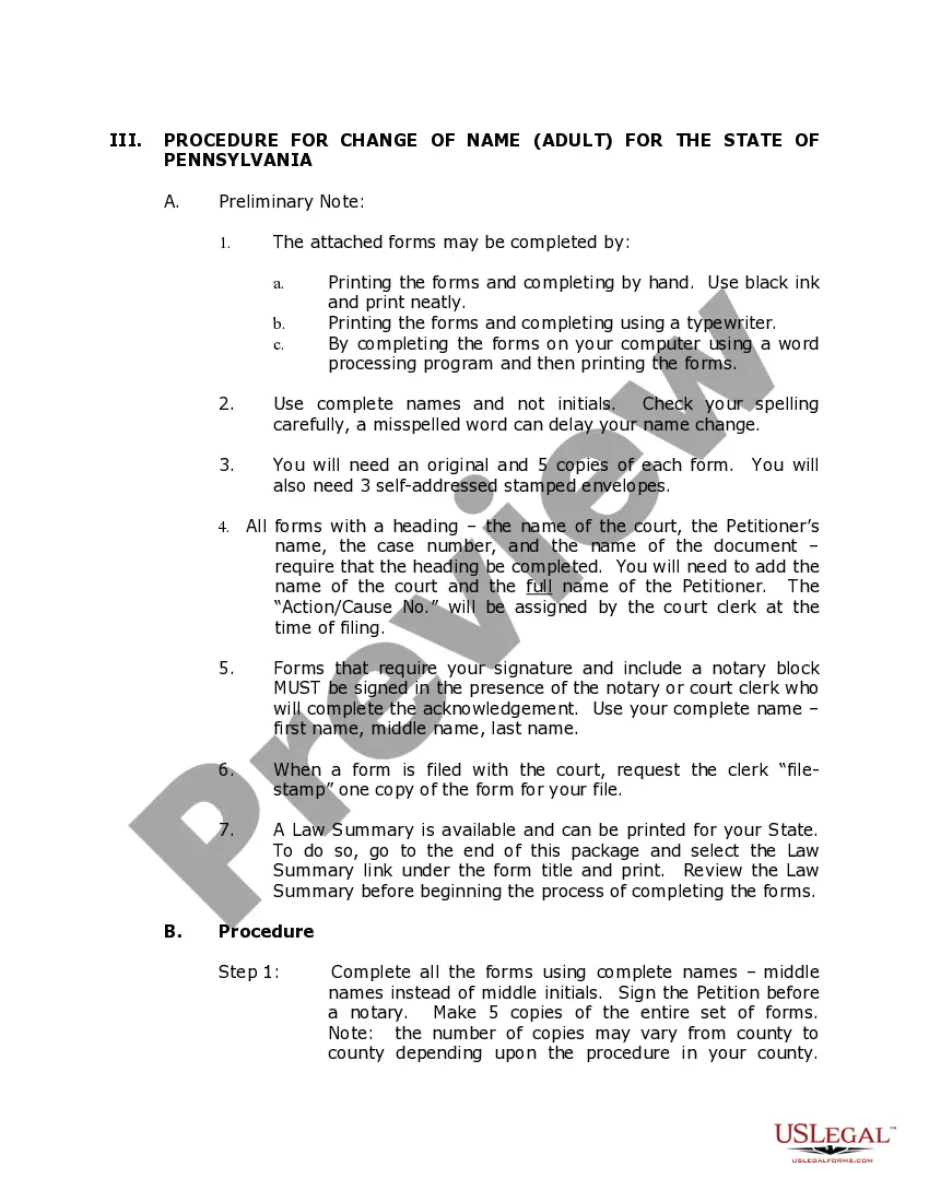 Preview Pennsylvania Name Change Instructions and Forms Package for an Adult