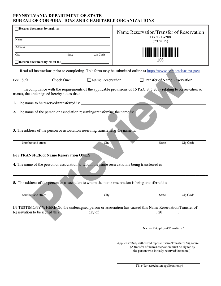 page 0 Application of Name Reservation - Pennsylvania preview