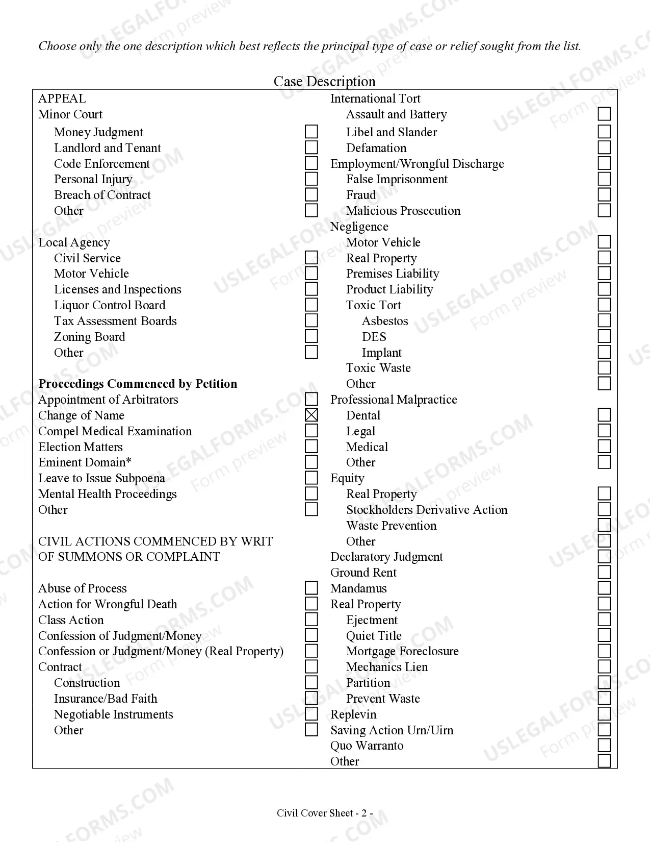 Preview Civil Cover Sheet for Adult, Minor, Family Name Change