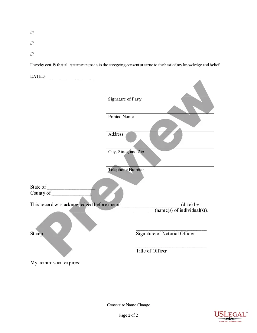 Preview Consent of Parent for Name Change of Minor
