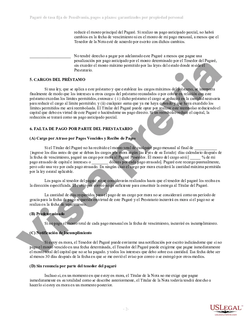 Preview Pagaré de tasa fija a plazos de Pensilvania garantizado por propiedad personal