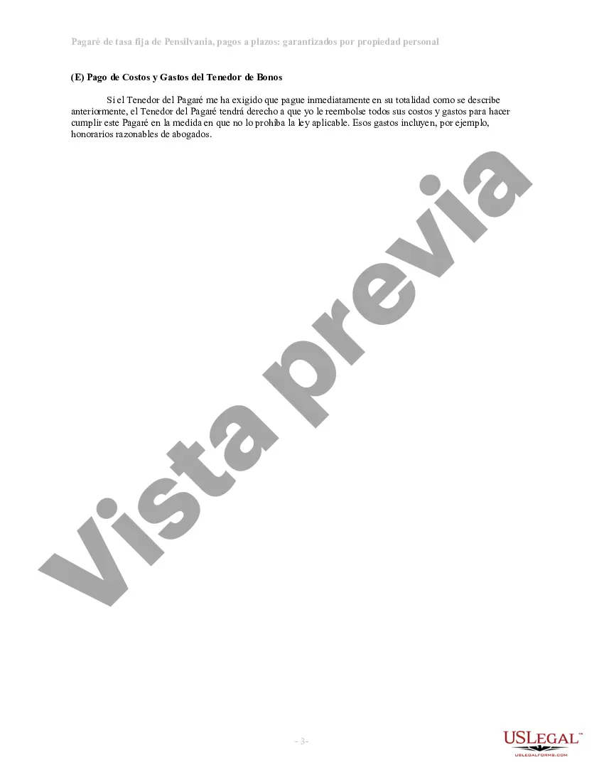 Preview Pagaré de tasa fija a plazos de Pensilvania garantizado por propiedad personal