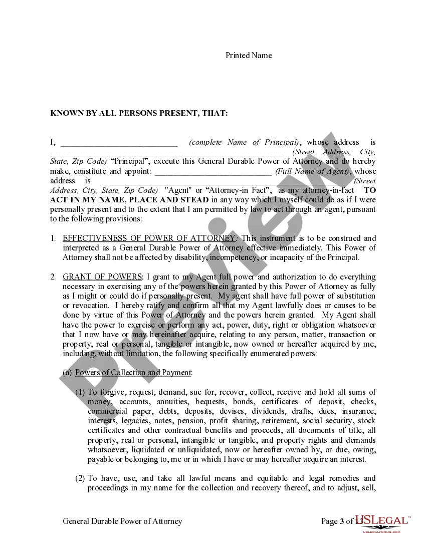 Preview General Durable Power of Attorney for Property and Finances or Financial Effective Immediately