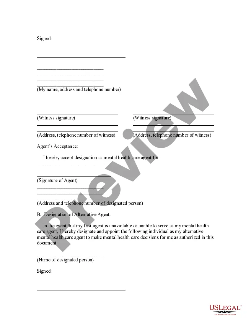 Preview Mental Health Care Power of Attorney