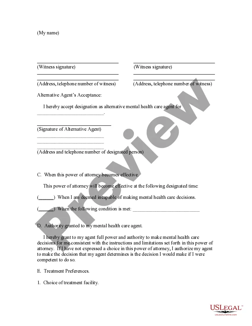 Preview Mental Health Care Power of Attorney