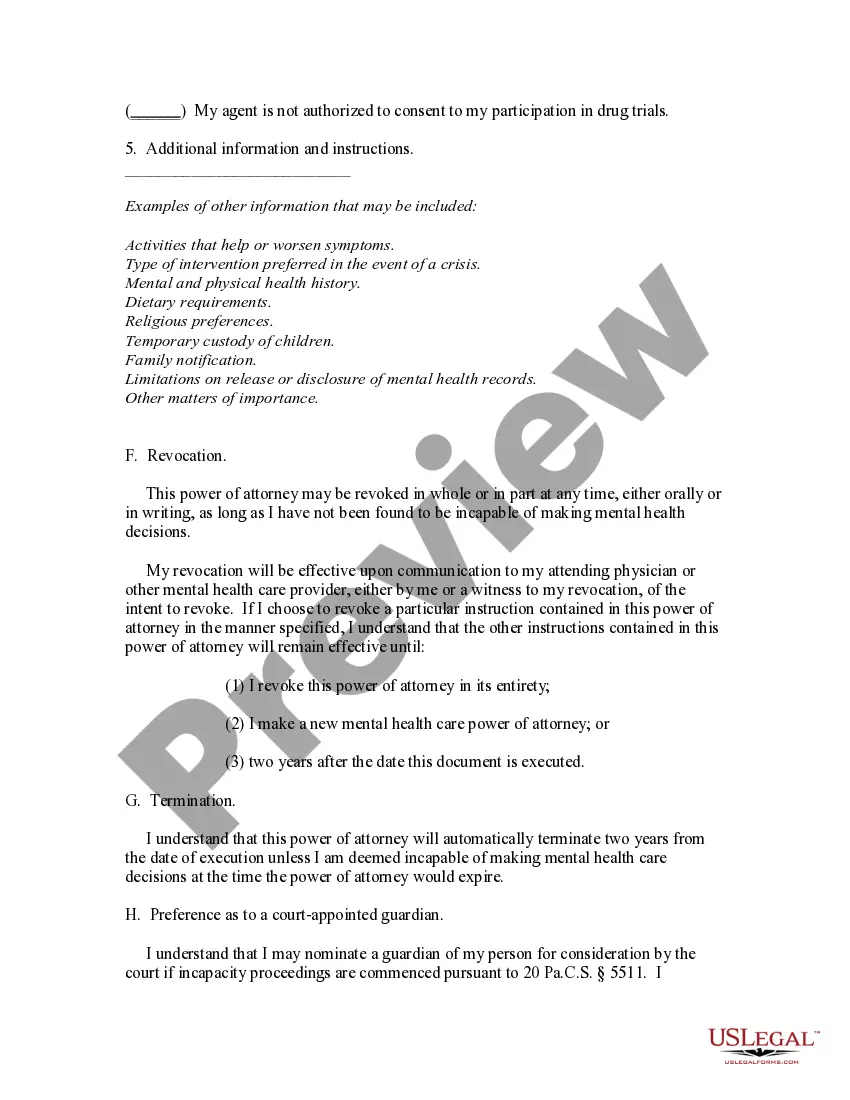 Preview Mental Health Care Power of Attorney