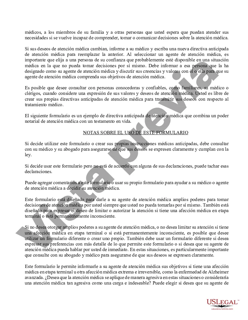 Preview Testamento en vida reglamentario - Instrucciones anticipadas para la atención médica - Formulario reglamentario