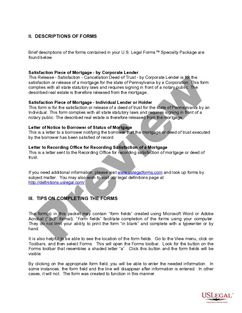 Preview Pennsylvania Satisfaction, Cancellation or Release of Mortgage Package