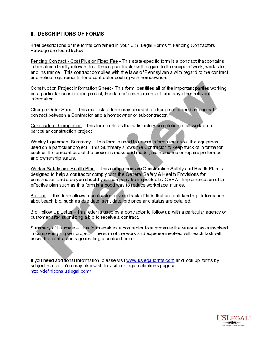 Get Pennsylvania Fencing Contractor Package Preview Pennsylvania Fencing Contractor Package