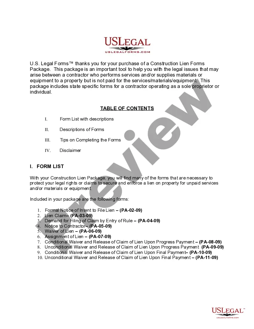 Preview Pennsylvania Construction or Mechanics Lien Package - Individual