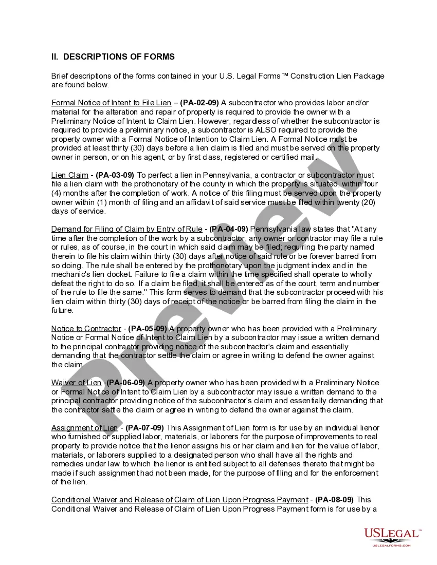 Preview Pennsylvania Construction or Mechanics Lien Package - Individual