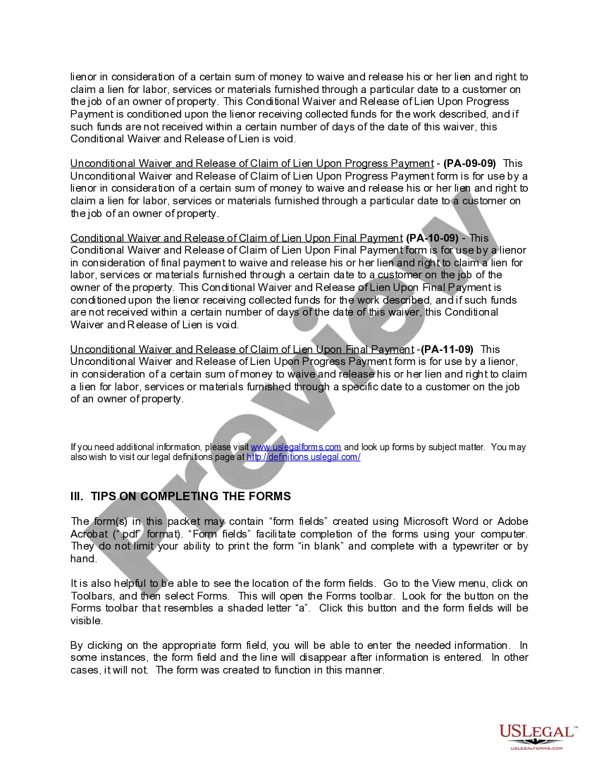 Preview Pennsylvania Construction or Mechanics Lien Package - Individual
