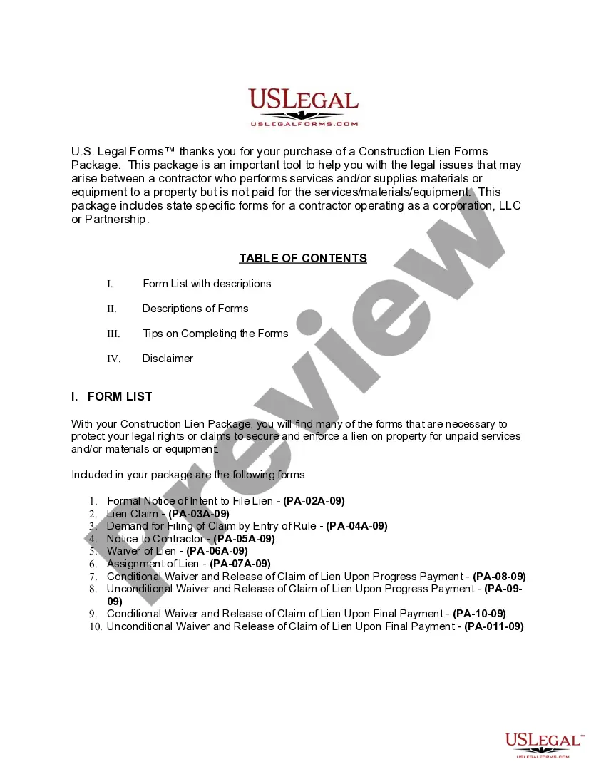 Get Pennsylvania Construction or Mechanics Lien Package - Corporation or LLC Preview Pennsylvania Construction or Mechanics Lien Package - Corporation or LLC