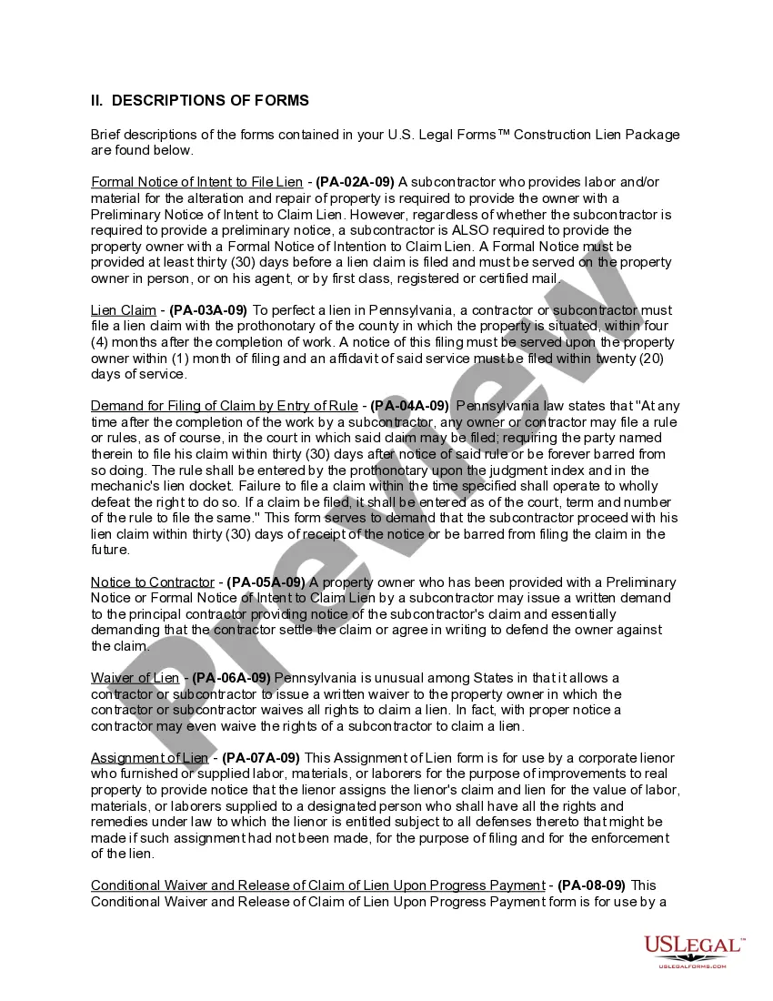 Get Pennsylvania Construction or Mechanics Lien Package - Corporation or LLC Preview Pennsylvania Construction or Mechanics Lien Package - Corporation or LLC