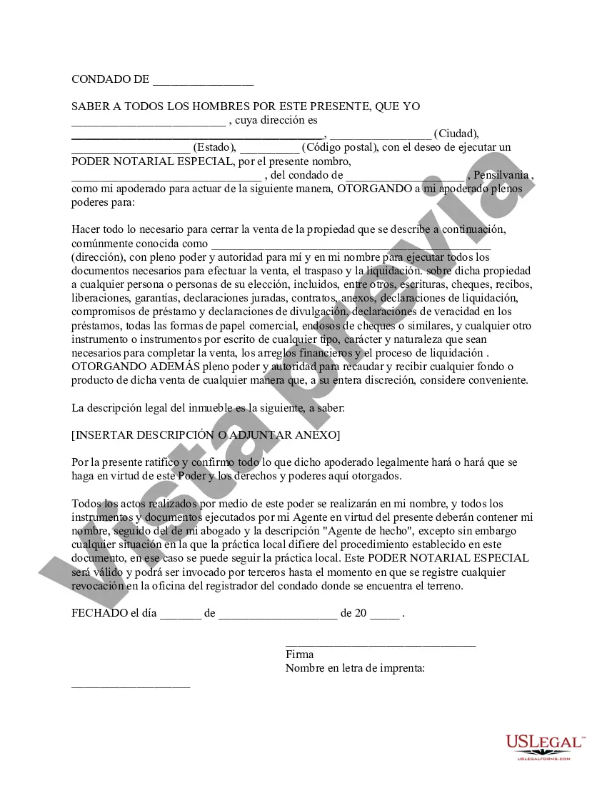 Preview Poder notarial especial o limitado para transacciones de venta de bienes raíces por parte del vendedor