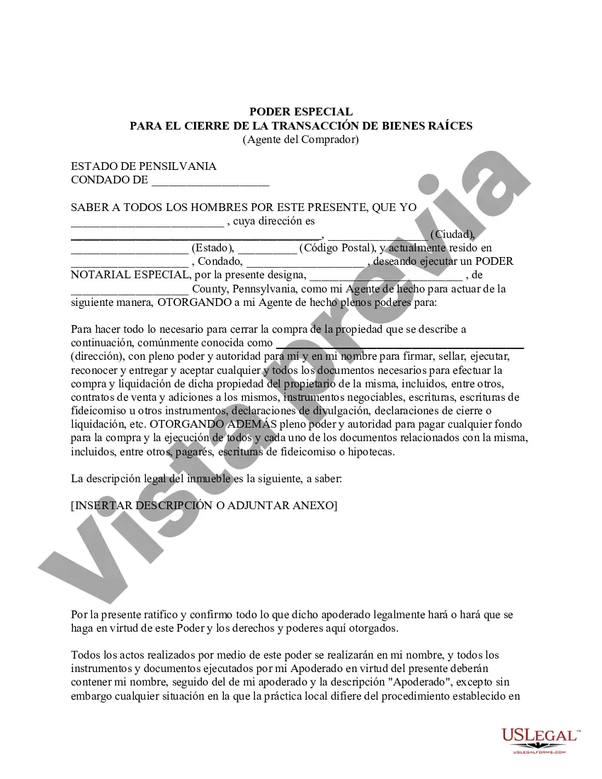 Preview Poder notarial especial o limitado para transacciones de compra de bienes raíces por parte del comprador