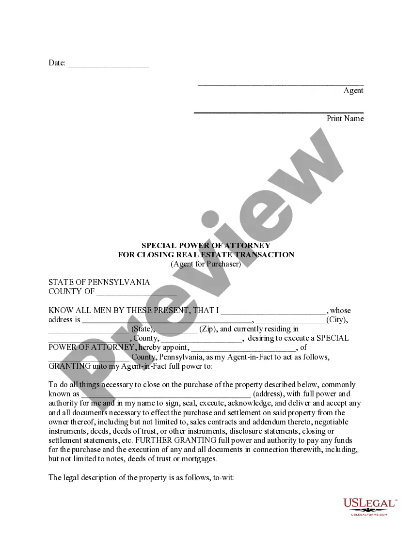 Get Special or Limited Power of Attorney for Real Estate Purchase Transaction by Purchaser Preview Special or Limited Power of Attorney for Real Estate Purchase Transaction by Purchaser