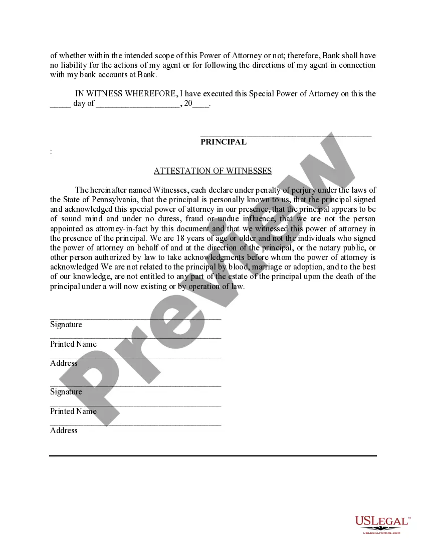 Preview Special Durable Power of Attorney for Bank Account Matters