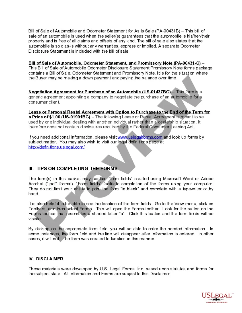 Preview Pennsylvania Automobile Bill of Sale Package