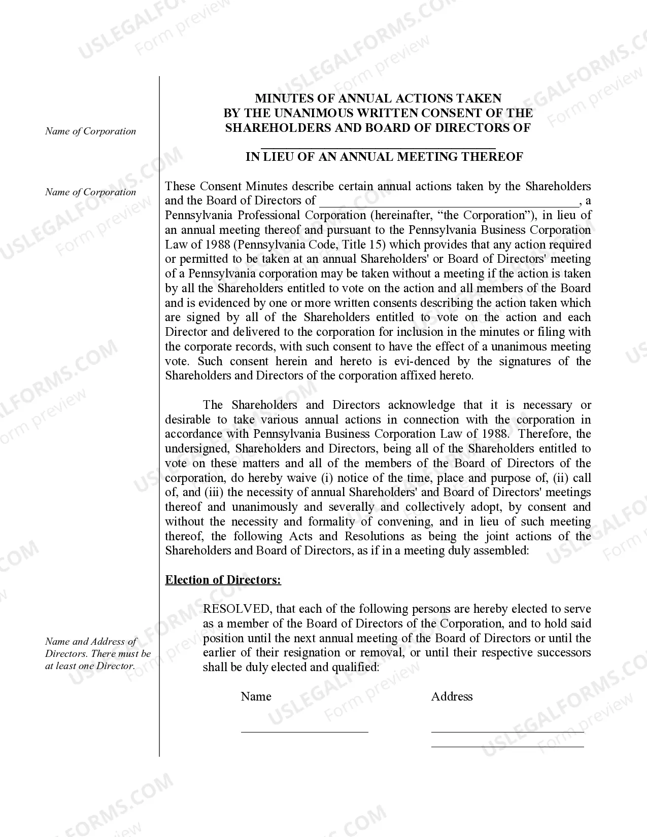 Preview Annual Minutes for a Pennsylvania Professional Corporation