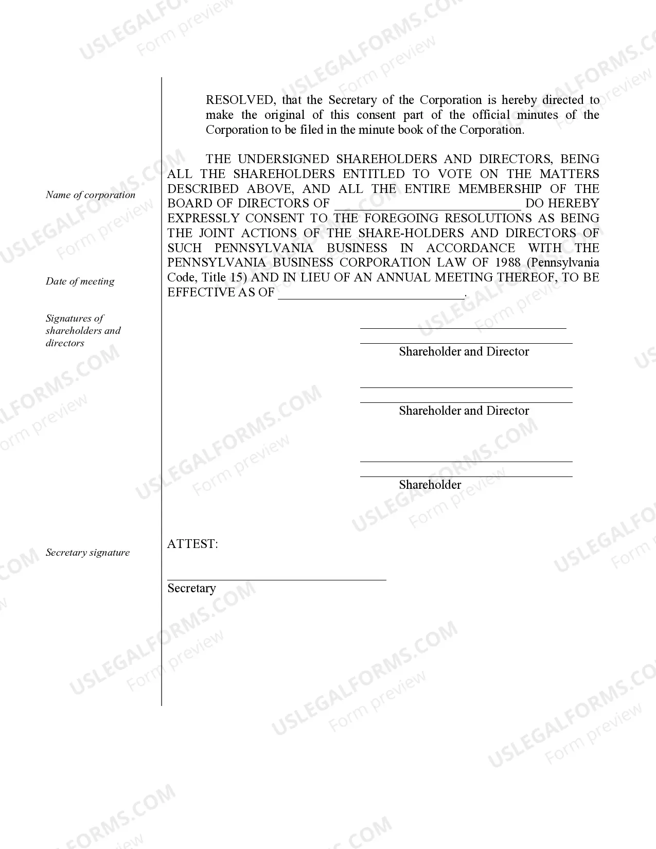 Preview Annual Minutes for a Pennsylvania Professional Corporation