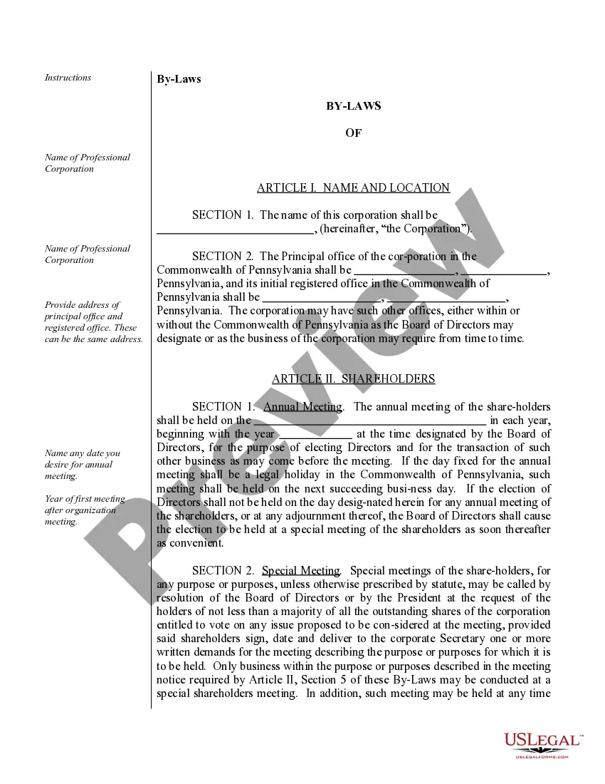 Preview Sample Bylaws for a Pennsylvania Professional Corporation