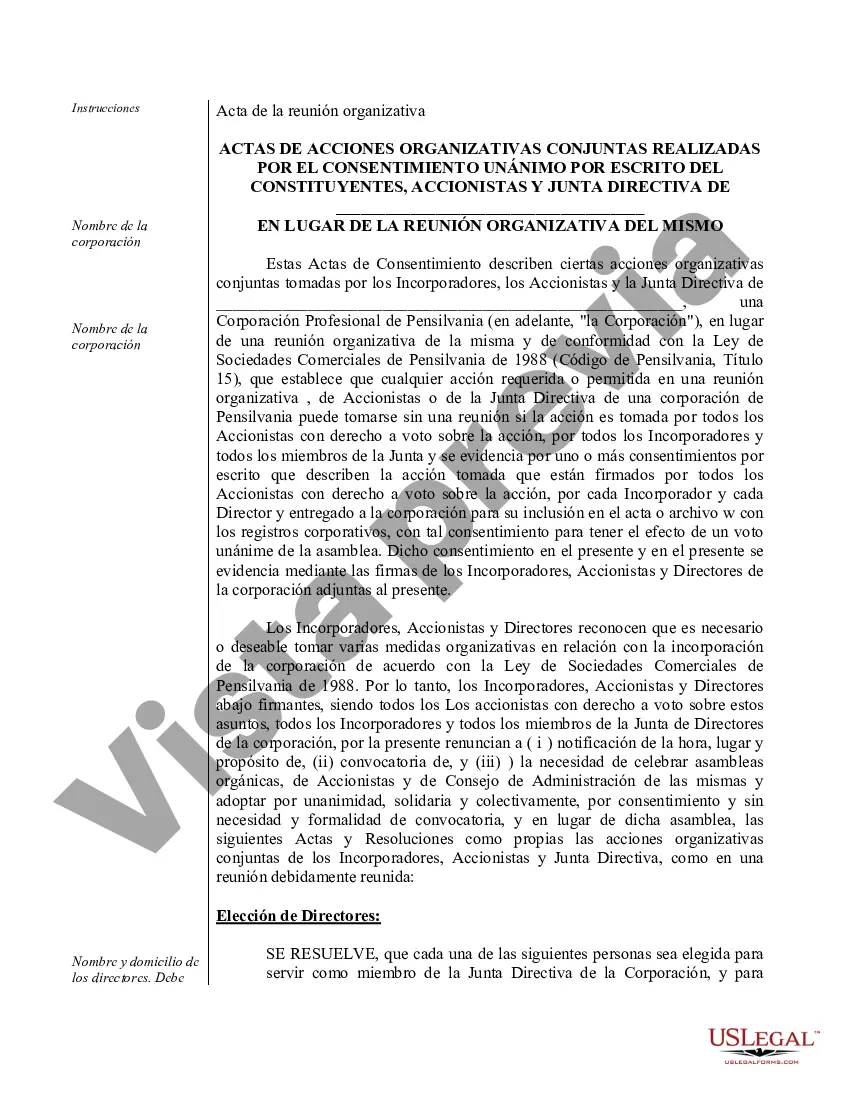 Preview Actas organizativas para una corporación profesional de Pensilvania