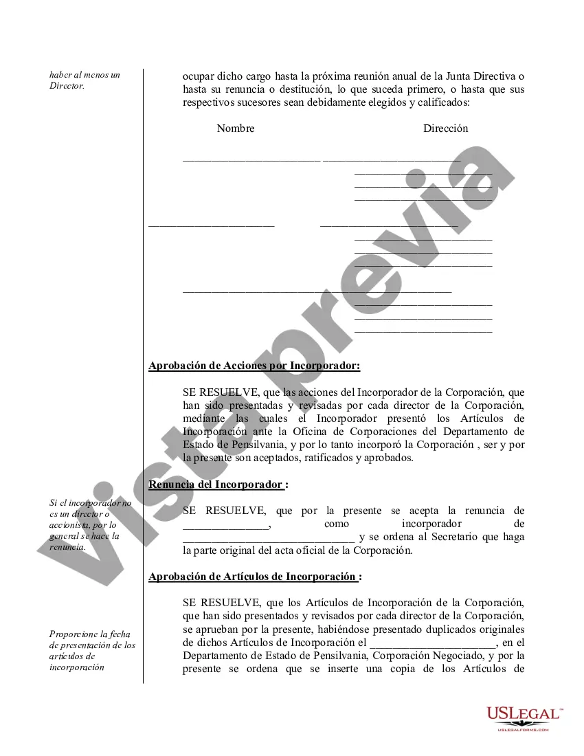 Preview Actas organizativas para una corporación profesional de Pensilvania