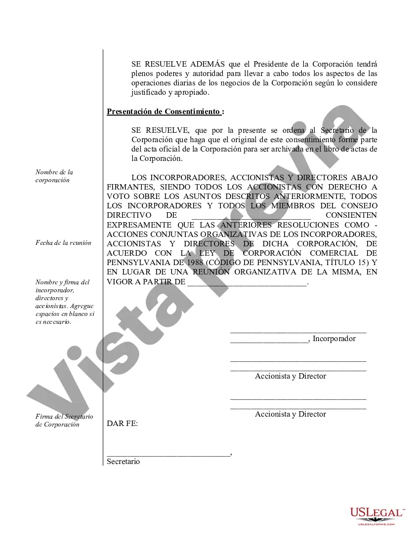 Preview Actas organizativas para una corporación profesional de Pensilvania