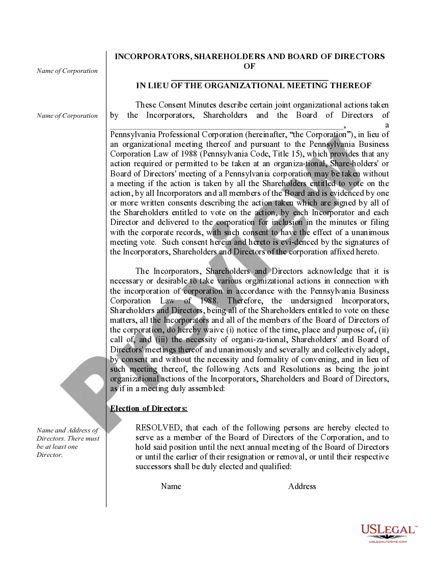 Preview Organizational Minutes for a Pennsylvania Professional Corporation