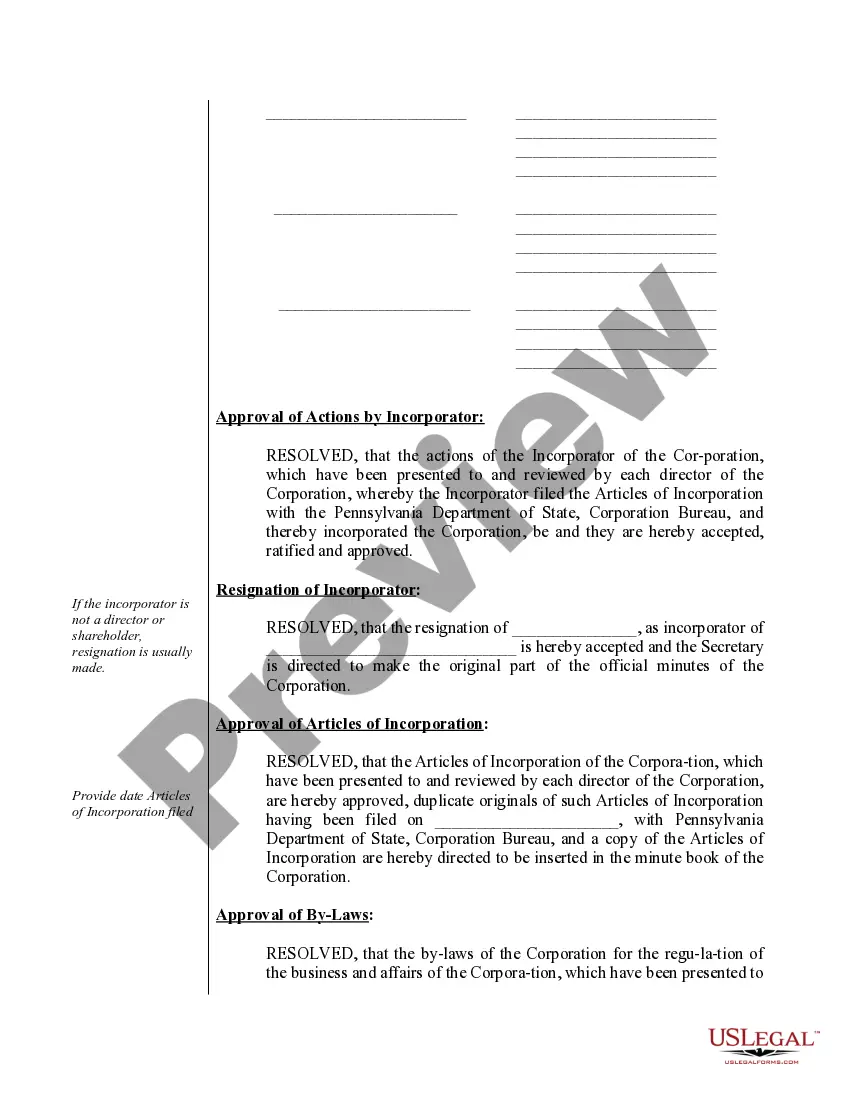 Preview Organizational Minutes for a Pennsylvania Professional Corporation