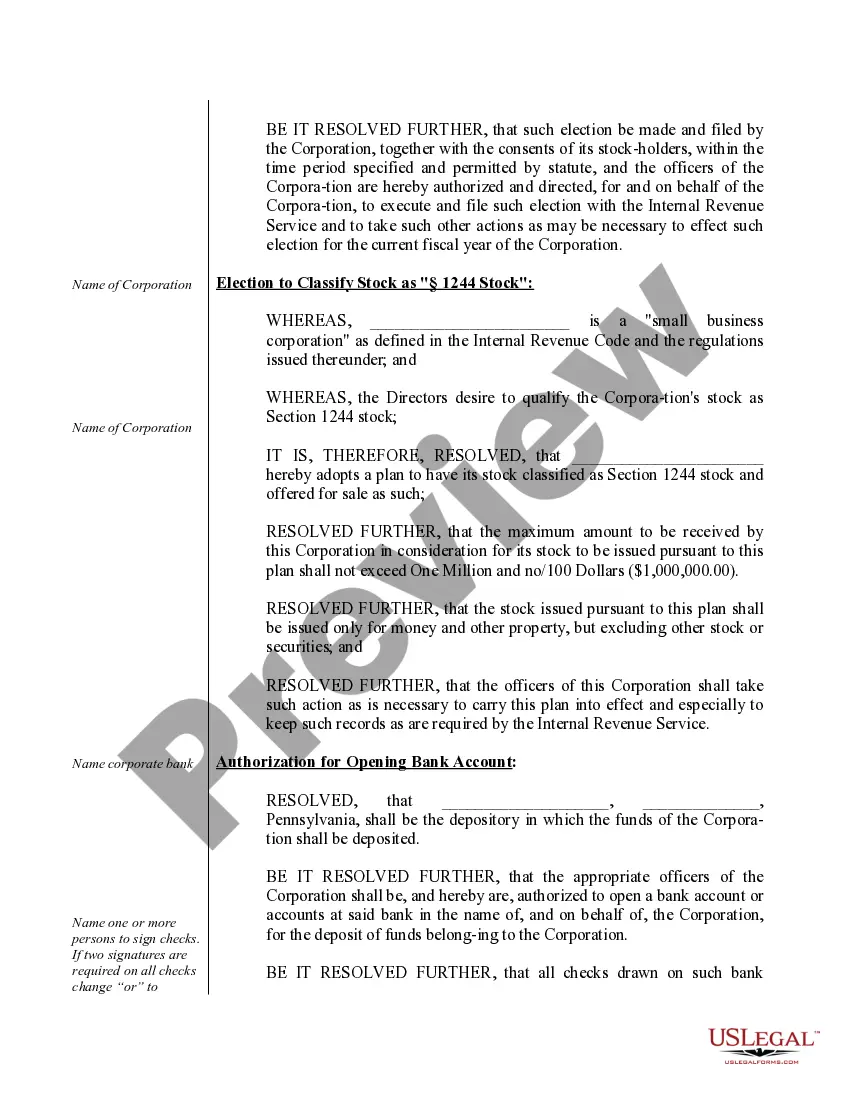 Preview Organizational Minutes for a Pennsylvania Professional Corporation