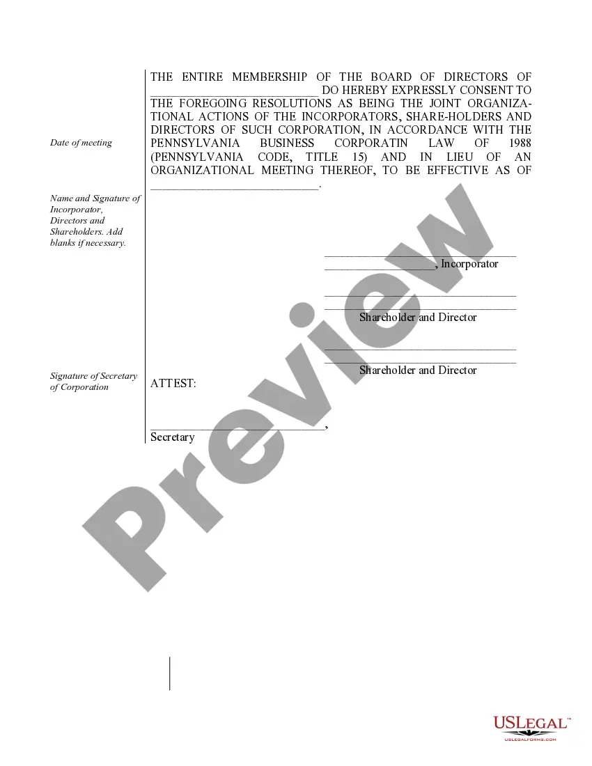 Preview Organizational Minutes for a Pennsylvania Professional Corporation