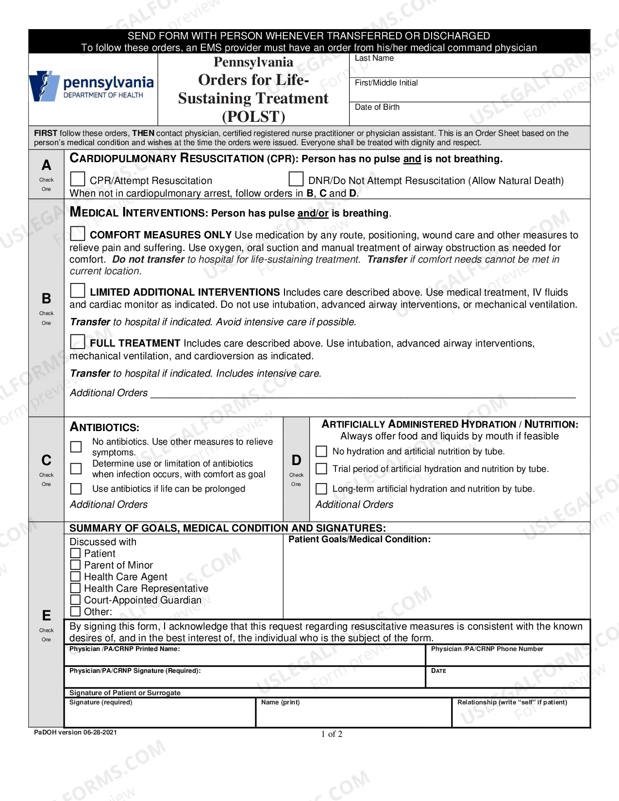 Preview Pennsylvania Orders for Life Sustaining Treatment