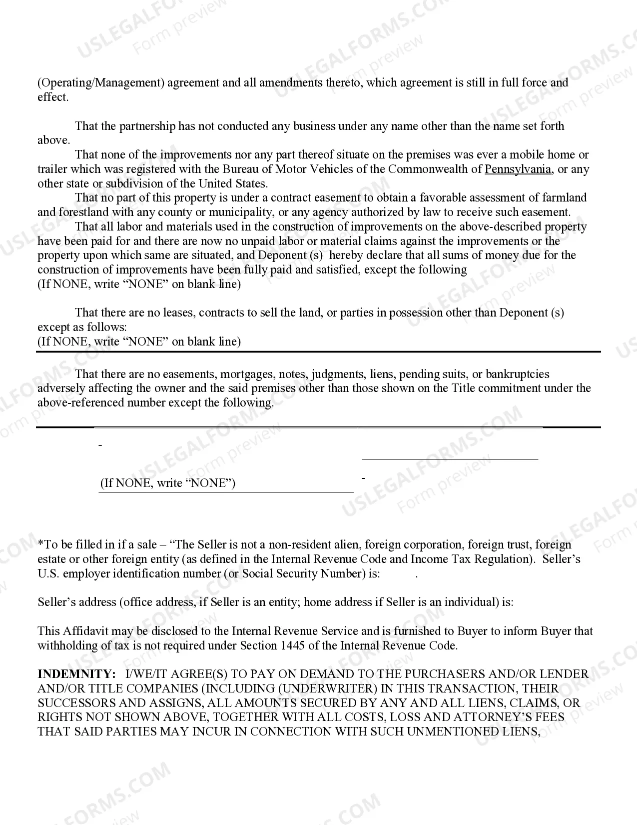 Preview Partnership/Limited Liability Company Owner's or Mdortgagor's Affidavit and Indemnity
