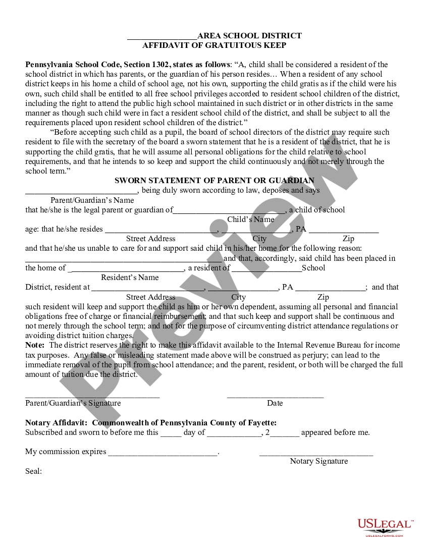 Pennsylvania Affidavit Of Custody And Gratuitous Keep Us Legal Forms 5024