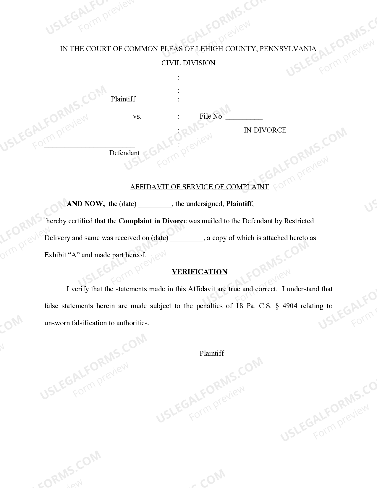 Pennsylvania Affidavit of Service of Complaint US Legal Forms