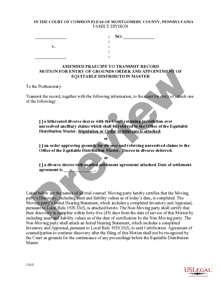 Pennsylvania Amended Praecipe to Transmit Motion for Grounds Order and