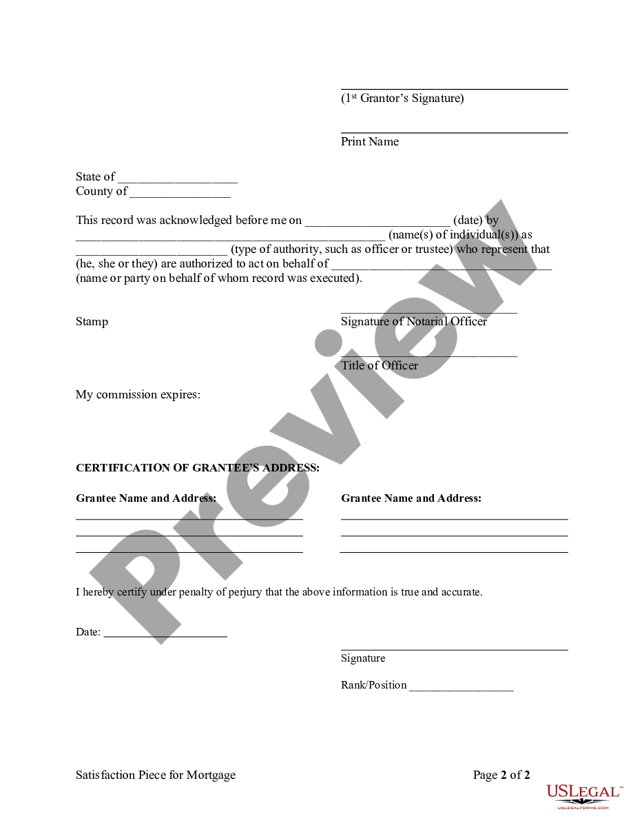form Satisfaction Piece of Mortgage - Individual Lender or Holder preview
